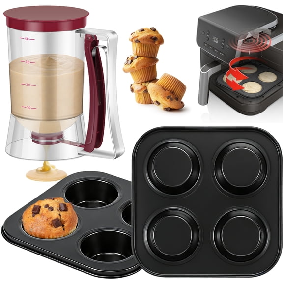 Muffin Baking Mold and Batter Dispenser Set, Nonstick Cupcake Baking Pan for Bakery Shop, Carbon Steel Mini Pie Pan Tray 2Pcs