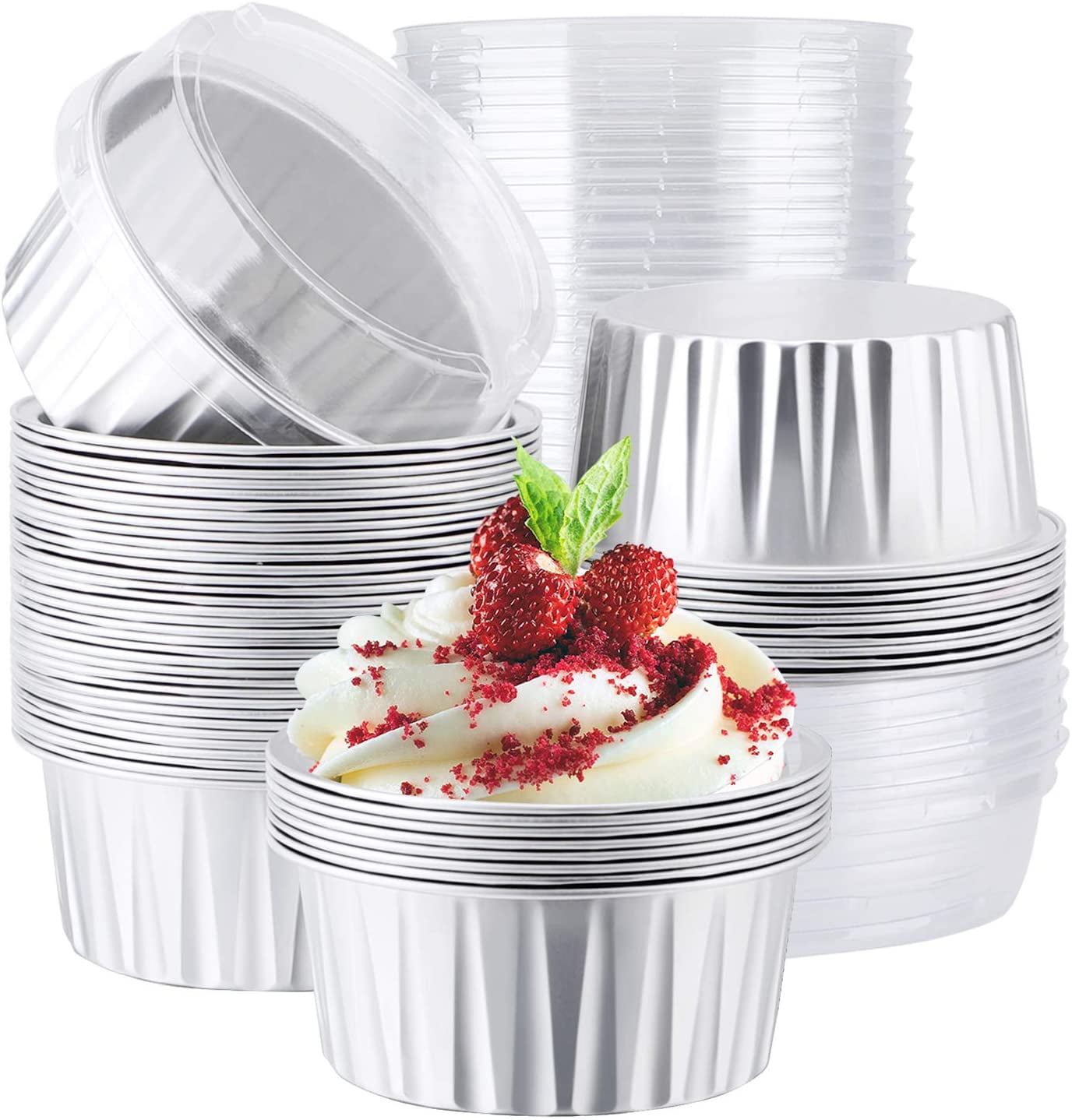 Muffin Cupcake Liners for Baking, 50pcs 5oz 125ml Disposable Ramekins, Aluminum Foil Muffin Liners Cups with Lids, Disposable Aluminum Foil Cupcake Baking Cups Holders Cases Boxes Pans with Lid