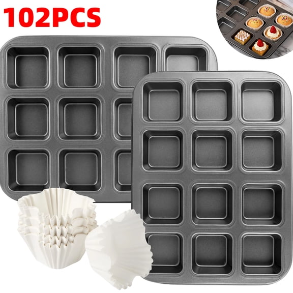 Muffin Pan with Cupcake Liners Sets, 2 PCS 12-cavity Brownie Pan with Dividers & 100 Pcs White Square Cupcake Liners