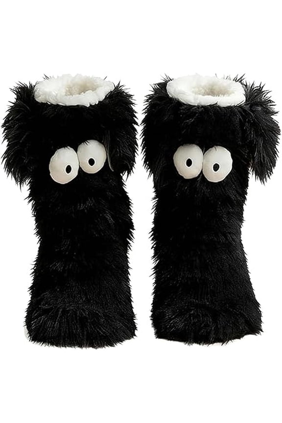 Muffle Friends Cozy Socks for Women, Winter Warm Fuzzy Slipper Socks with Non-Slip Sole & Cute Big Eyes - Plush Fleece Lined Indoor House Socks(1set-black)