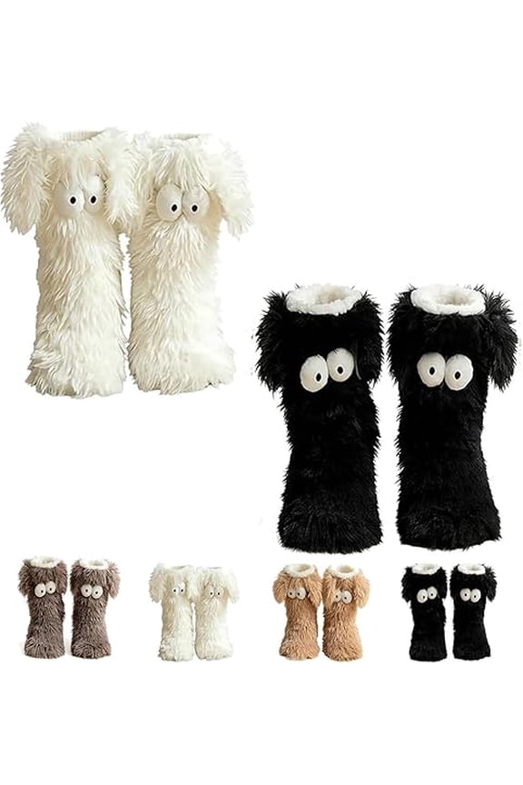 Muffle Friends Cozy Socks for Women - Winter Warm Fuzzy Non-Slip Slipper Socks with Cute Big Eyes, Thick Fleece Indoor Home Socks(black&white)-yj