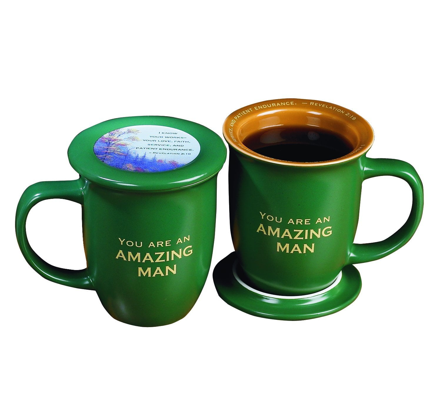 Green Ceramic Mug with Tan Interior and Coaster, 14 oz