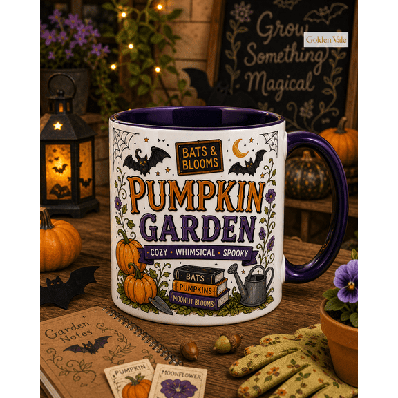 Mug Bat and Pumpkin Garden for Coffee, Cozy Spooky Gift for Garden Lovers