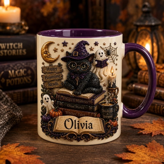 Mug Black Cat Book Lover Halloween Personalized Coffee Cup for Readers and Spooky Season Gifting