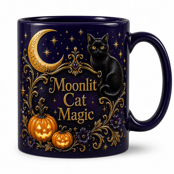Mug Black Cat Moon and Pumpkin Ceramic Coffee Cup for Halloween Gifts