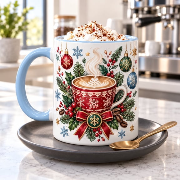 Mug Christmas Ornament and Hot Cocoa Theme Ceramic Coffee Cup for Holiday Gift for Her