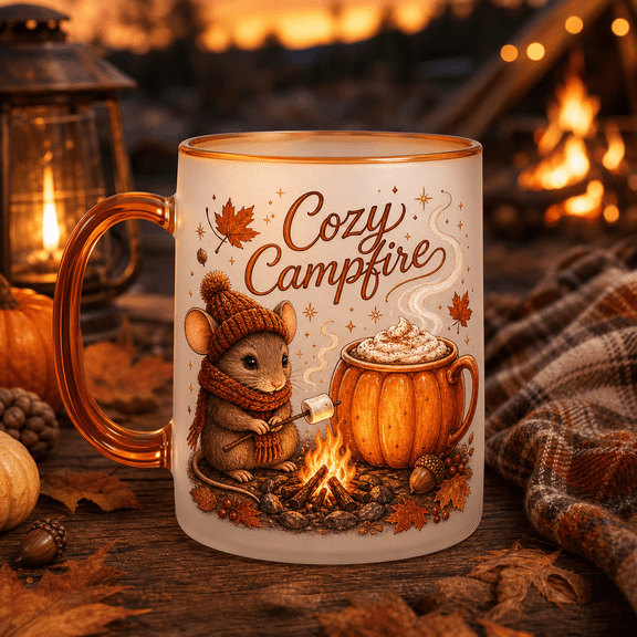 Mug Cozy Campfire Mouse and Pumpkin Cocoa Ceramic for Coffee and Tea Fall Lovers