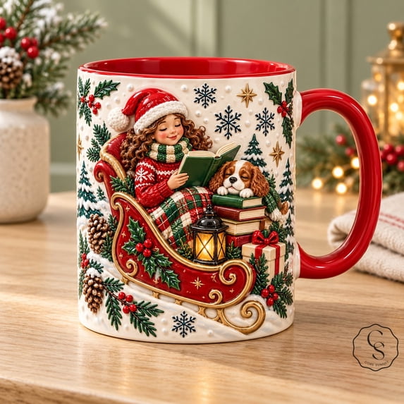 Muug Design Mug, Cozy Christmas Reader with Spaniel Design for Holiday Drinks and ...