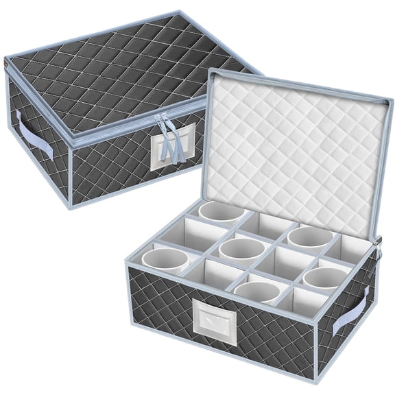 Mug and Cup Storage Box with Dividers - 2 Pack China Storage Bin Containers Holds 24 Glassware, Stackable Coffee Mug Organizer Bin and Tea Cup with 2 Metal Zipper,Label and Handles (Grey)