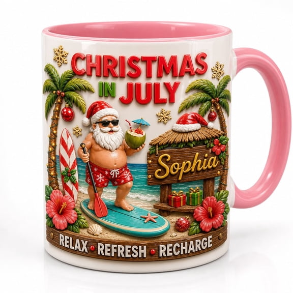 Mug Custom Name Christmas in July Ceramic Coffee Drinkware for Tropical Holiday Lovers