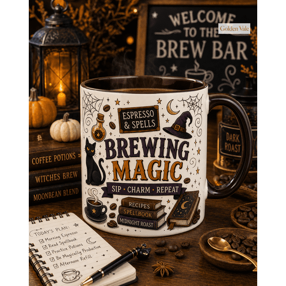 Mug Espresso and Spells Brewing Magic for Morning Coffee, Halloween Gift for Coffee Lovers