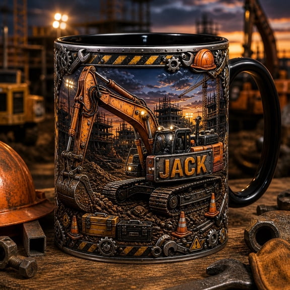 Mug Excavator Construction Graphic Ceramic Coffee Cup for Desk Construction Worker Gift