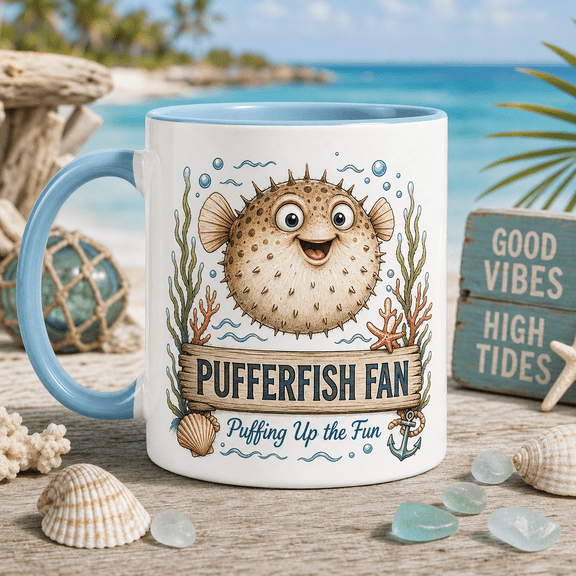 Mug Funny Pufferfish Character Coffee Cup for Desk Use for Ocean Animal Fans