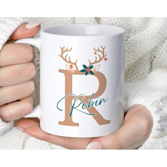 Mug Gift For Christmas Personalised Reindeer with Initial and Name Custom Hot Chocolate Mu