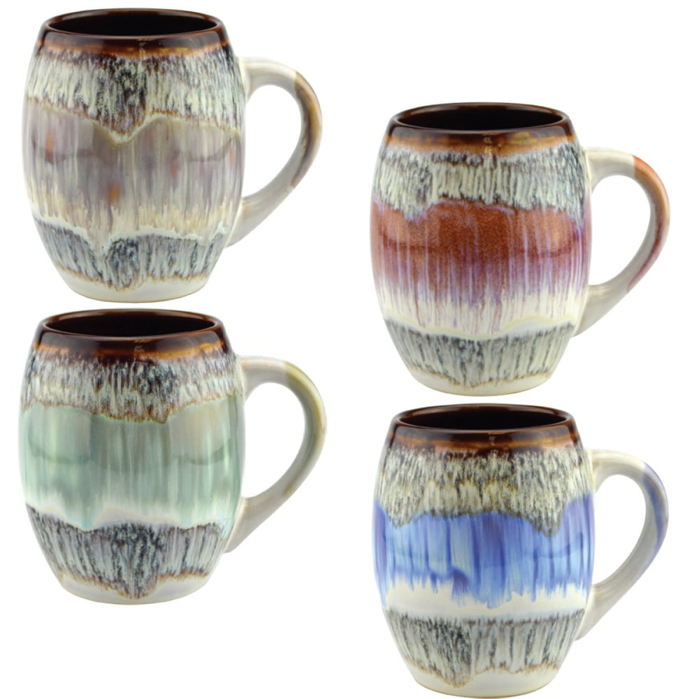 Set of 4 Multicolor Glazed Ceramic 20 oz Mugs