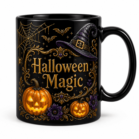 Mug Halloween Magic Witch Hat Pumpkin and Bat Coffee Cup for Halloween Lovers