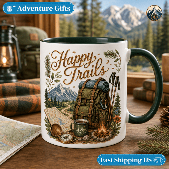 Mug Happy Trails Backpacking Graphic for Camp Coffee and Hiking Gifts