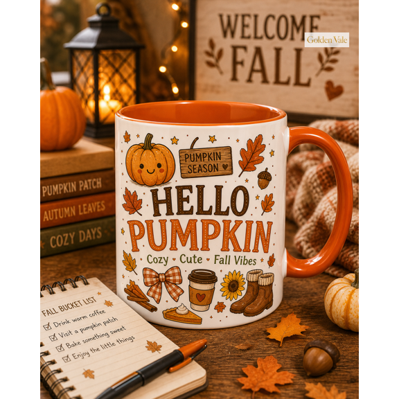 Mug Hello Pumpkin Fall Design Ceramic Coffee Cup for Cozy Autumn Drink Lovers