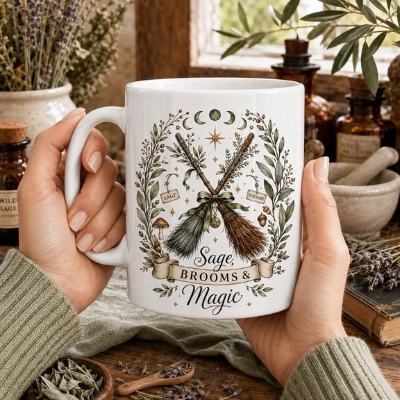 Mug Herbal Witch Brooms Ceramic Drinkware for Coffee Tea Ritual Lovers