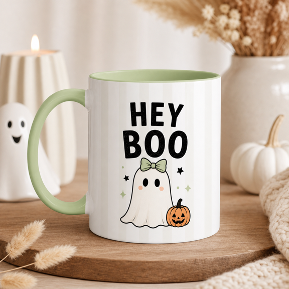 Mug Hey Boo Minimal Ghost Ceramic Coffee Cup for Halloween Lovers