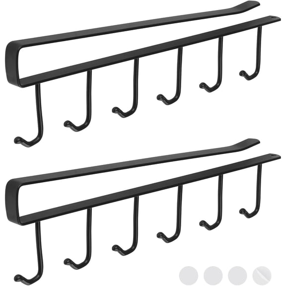 Mug Holder Under Cabinet 2Pcs Nail Free Kitchen Storage Drying Rack Under Shelf Utensil Hanger with 6 Hooks Anti-Slip Adhesive Cup Organizer for Flat Buttom Cabinet (Black)