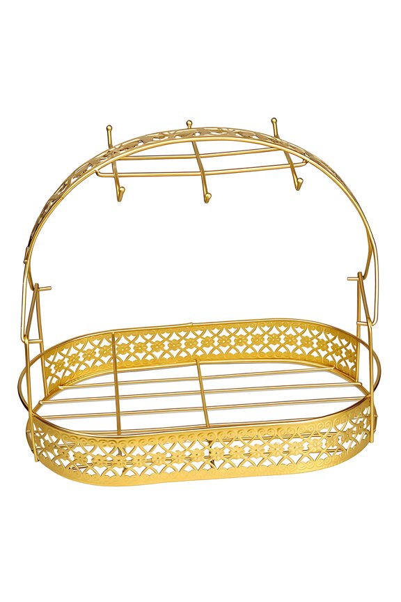 Mug Holder For Counter Top, Coffee Cup Organizer Storage Rack, Metal Mug Drying Rack with 6 Hooks, Gold-Plated Oval Design 11.4 in x 13.2 in x 7.7 in