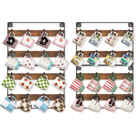 Mug Holder Hanger Rack Wall Mounted Wooden 4 Pack Coffee Cup Storage Organizer Display Shelf with 32 Removable Plastic Hooks, Ideal for Mug Collectors