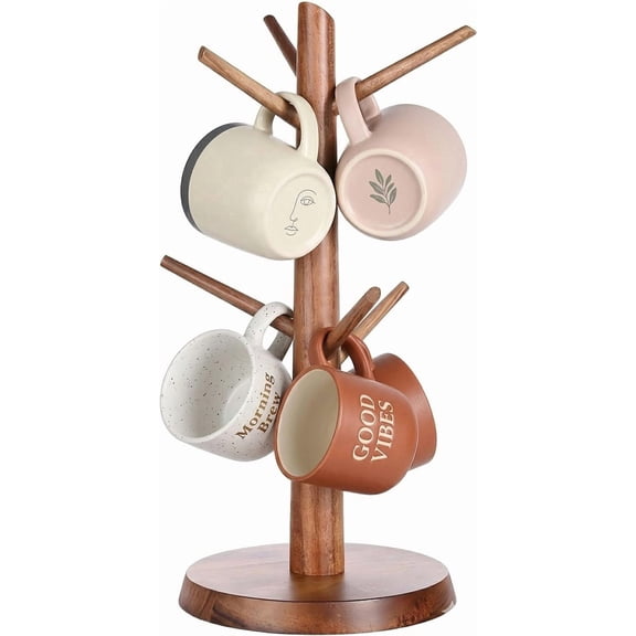 Mug Holder Tree, Acacia Wood Mug Rack with Stable Base, 6-Hook Mugs Stand for Tea & Coffee Cups, Kitchen Countertop & Coffee Bar Organizer