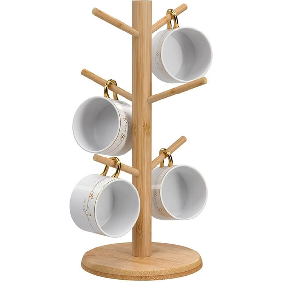 Mug Holder Tree, Coffee Cup Holder, Countertop Mug Tree, Coffee Mug Holder for Counter Stand, Bamboo Mug Rack & Tea Cup Organizer with 6 Hooks