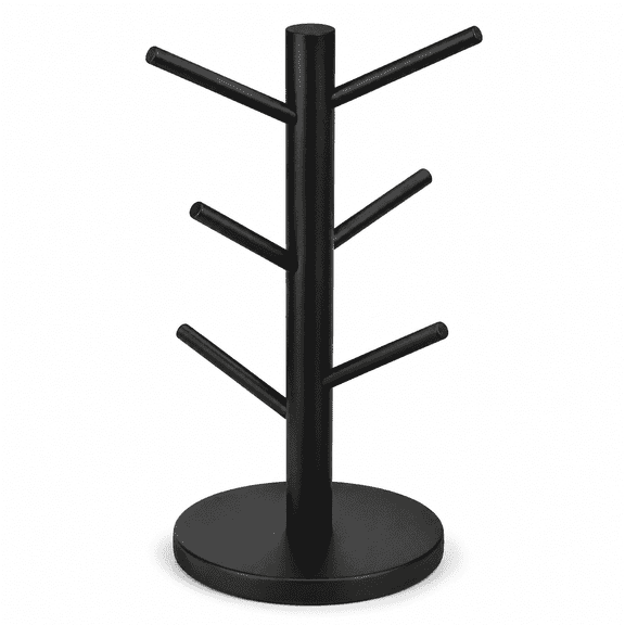 PLERISE 6-Hook Mug Holder Tree – Black Metal Coffee Cup Rack