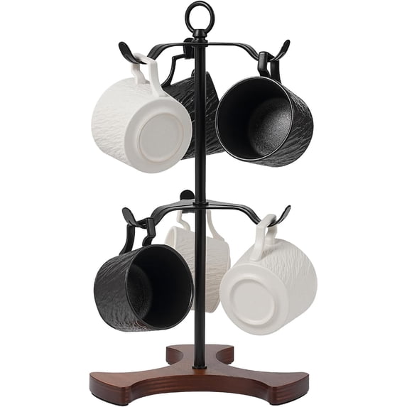 Mug Holder Tree for Countertop | 2-Tier Coffee Cup Stand & Rack Holds 6 Large Mugs, 5oz to 20oz | Space-Saving Mug Stand with Solid Wood Base | Kitchen Counter Organizer & Coffee Bar Accessories