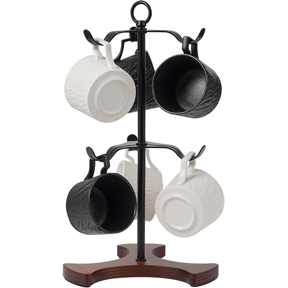Mug Holder Tree for Countertop | 2-Tier Coffee Cup Stand & Rack Holds 6 Large Mugs, 5oz to 20oz | Space-Saving Mug Stand with Solid Wood Base | Kitchen Counter Organizer & Coffee Bar Accessories
