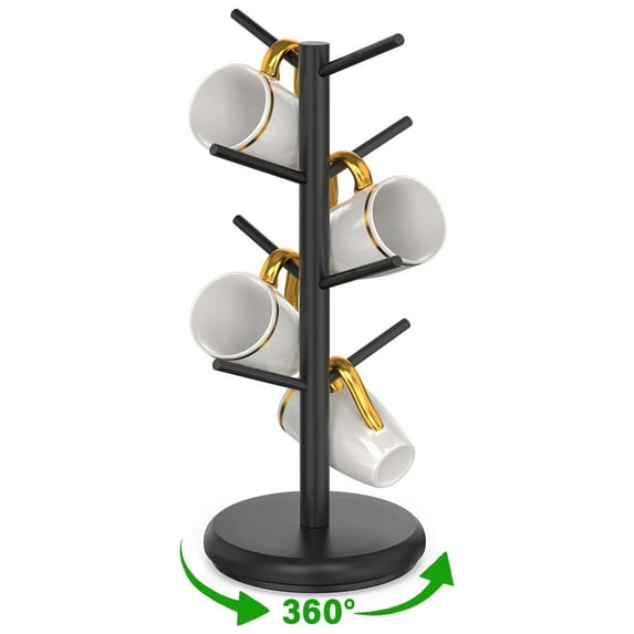 8-Tier Wood Mug Holder with 360° Rotation, Domaci Mug Holder Tree for Counter, Coffee Mug Rack Standing for Coffee Bar Accessories and Kitchen Home Organizer, Black