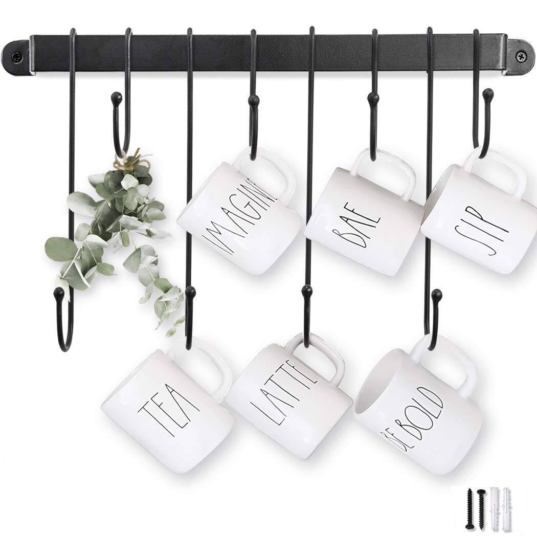 Kitchen Hanging Coffee Mug Holder with Hooks, Wall Mounted Metal Rack ...