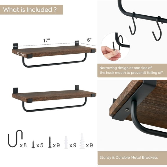 Mug Holder Wall Mounted Coffee Mug Rack Set of 2 Rustic Floating Shelf for Coffee Bar Accessories Wood Tea Cup Hooks Hanger for Organizing Cooking Utensils, Home Kitchen Decor, Brown
