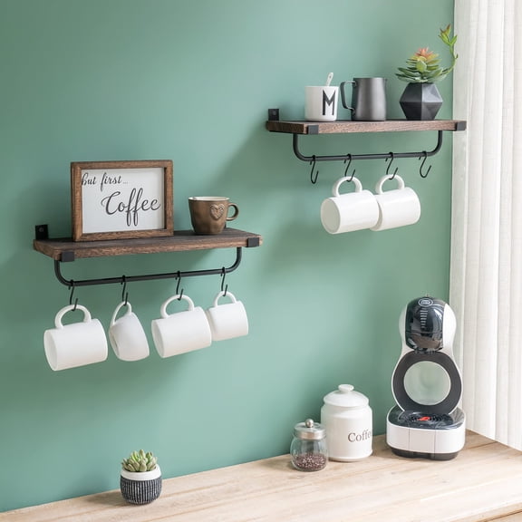 Mug Holder Wall Mounted Coffee Rack Set Of 2 Rustic Floating Shelf For Bar Accessories Wood Tea Cup Hooks Hanger Organizing Cooking Utensils  Home Kitchen Decor Brown