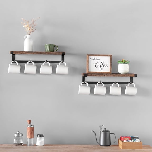 Mug Holder Wall Mounted Mug Rack with Hooks, Storage Floating Shelf Coffee Bar Accessories Wood Coffee Cup Hanger for Organizing Cooking Utensil Home Kitchen Decor, Brown