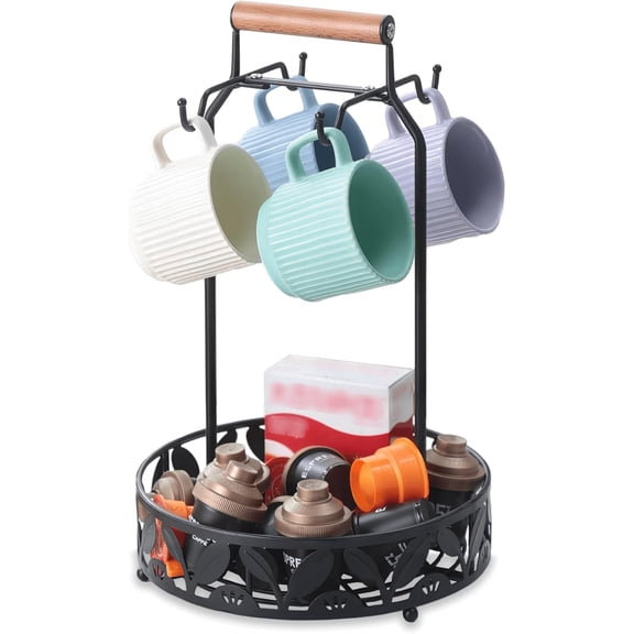 Mug Holder for Countertop, 2-in-1 Mug Tree for Large Mugs & Coffee Cup Stand with Storage Basket - Mug Rack & Organizer for Coffee Bar Accessories