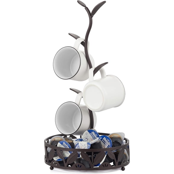 Mug Holder with Basket, Countertop Mug Tree, Mug Rack  with Coffee Pod Holder, Coffee Counter Bar Accessory & Kitchen Organizer