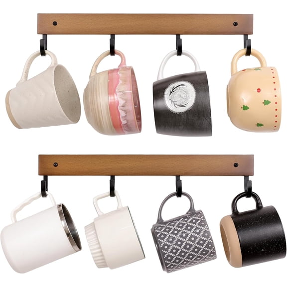 Mug Hook for Wall, 180 Swivel Hooks for Cups, Wooden Wall Mounted Rotatable Hooks for Hanging Mugs, Hats, Keys, Kitchen Utensils, Robe, Towel, Strong Metal Hook with Wood Base (2, Brown)