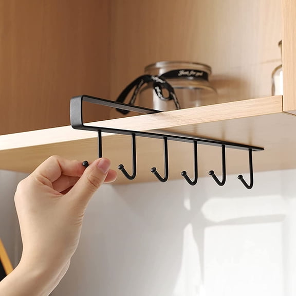 Mug Hooks Under Cabinet, Cup Holder Hanger Under Cabinet, With 6 Hooks,Drilling Free, Suitable for Closet Ties, Bookcase, Bedroom, Bathroom, for Pots, Pans, Spoons, Spatulas and So On(Black)
