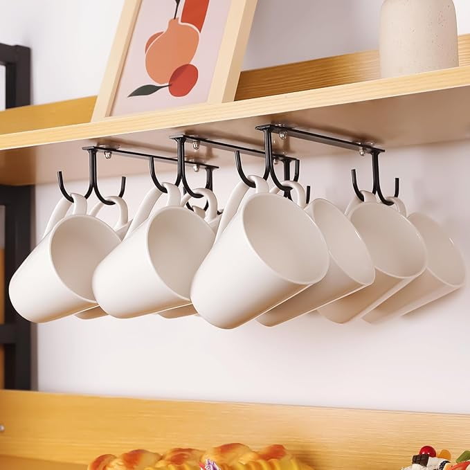 Mug Hooks Under Cabinet 3 Pieces Under Cabinet Mug Holder Under Shelf Mug Organizer Rack with 12 Hooks Display Hanging Storage Hook for Mugs Coffee Cups Kitchen Utensils Black Walmart