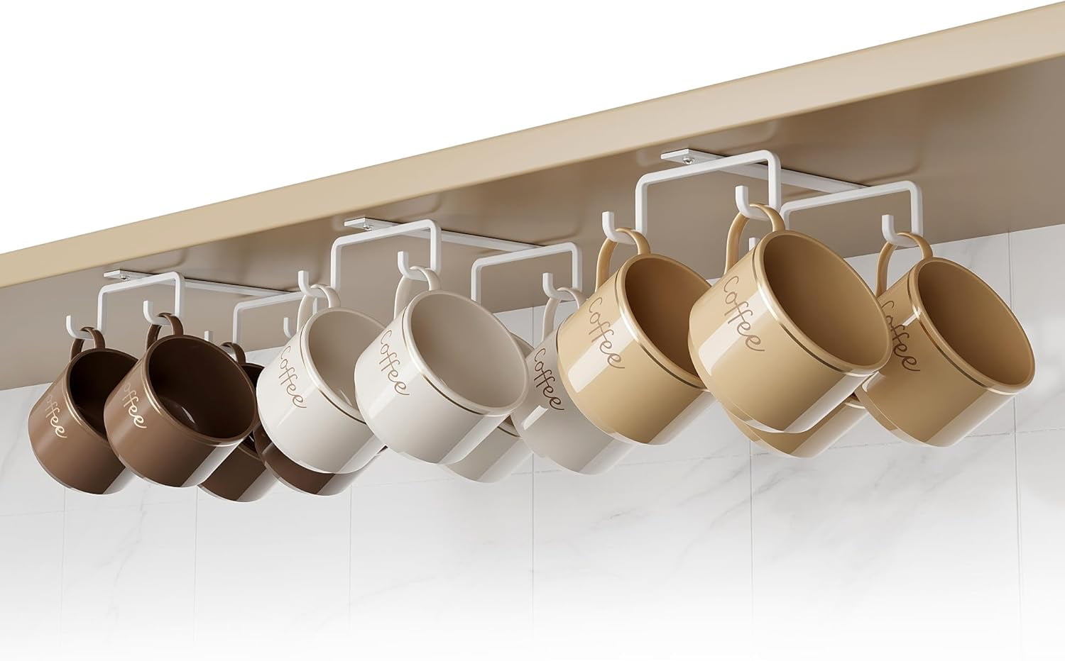 Mug Hooks Under Cabinet Space-Saving, Metal Coffee Cup Hooks 3 Pack(White)