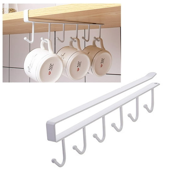 Mug Hooks Under Shelf Mug Holder Cups Storage Rack Drilling Free Coffee Cups Holder Kitchen Utensil Holder Key Hooks Ties Belts Scarf Hanging Hooks Rack, Fit for The Cabinet 0.8" or Less, White