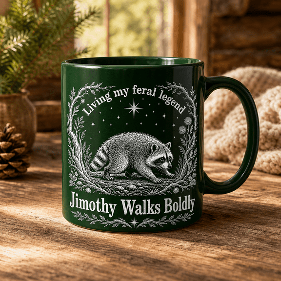Mug Jimothy Walks Boldly Raccoon Graphic Coffee Cup for Feral Humor Fans