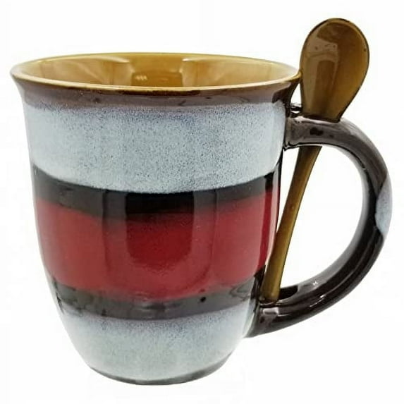 Mug Large 14 oz Coffee Mugs Novelty Multicolor Glazed Mug Gifts with Spoon for Men and Women (Red)