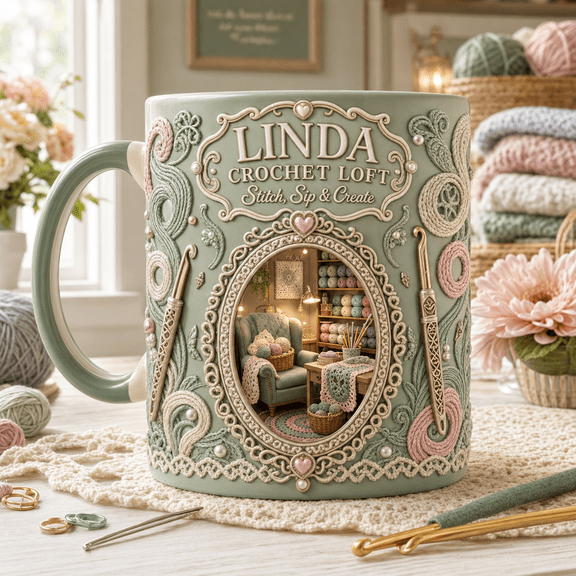Mug Linda Crochet Loft Crochet Theme Ceramic Coffee Cup for Crocheters