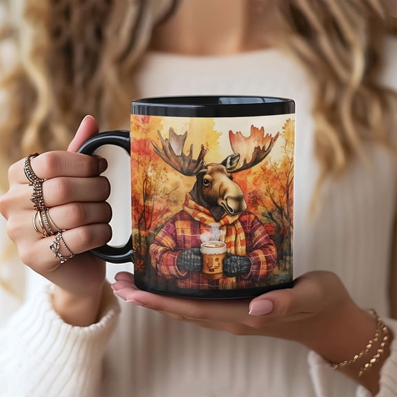 Mug, Moose Drinking Coffee in Autumn Forest, Flannel Winter Vibes, Gift for Nature Lover, Holiday Coffee Cup, Animal Mug, Woodland Kitchen