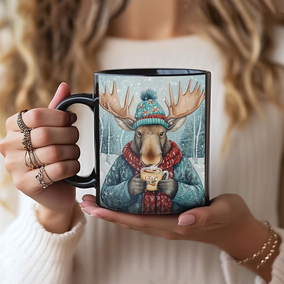 Mug, Moose in Winter Flannel Coffee Scene, Christmas Cup Gift, Holiday Kitchen Decor, Animal Lover Tea Mug, Christmas Moose, winter moose