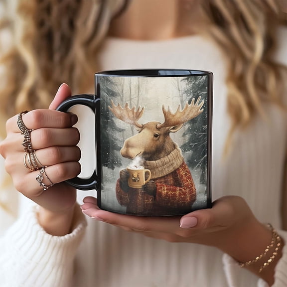 Mug, Moose in Winter Flannel Coffee Scene, Christmas Cup Gift, Holiday Kitchen Decor, Animal Lover Tea Mug
